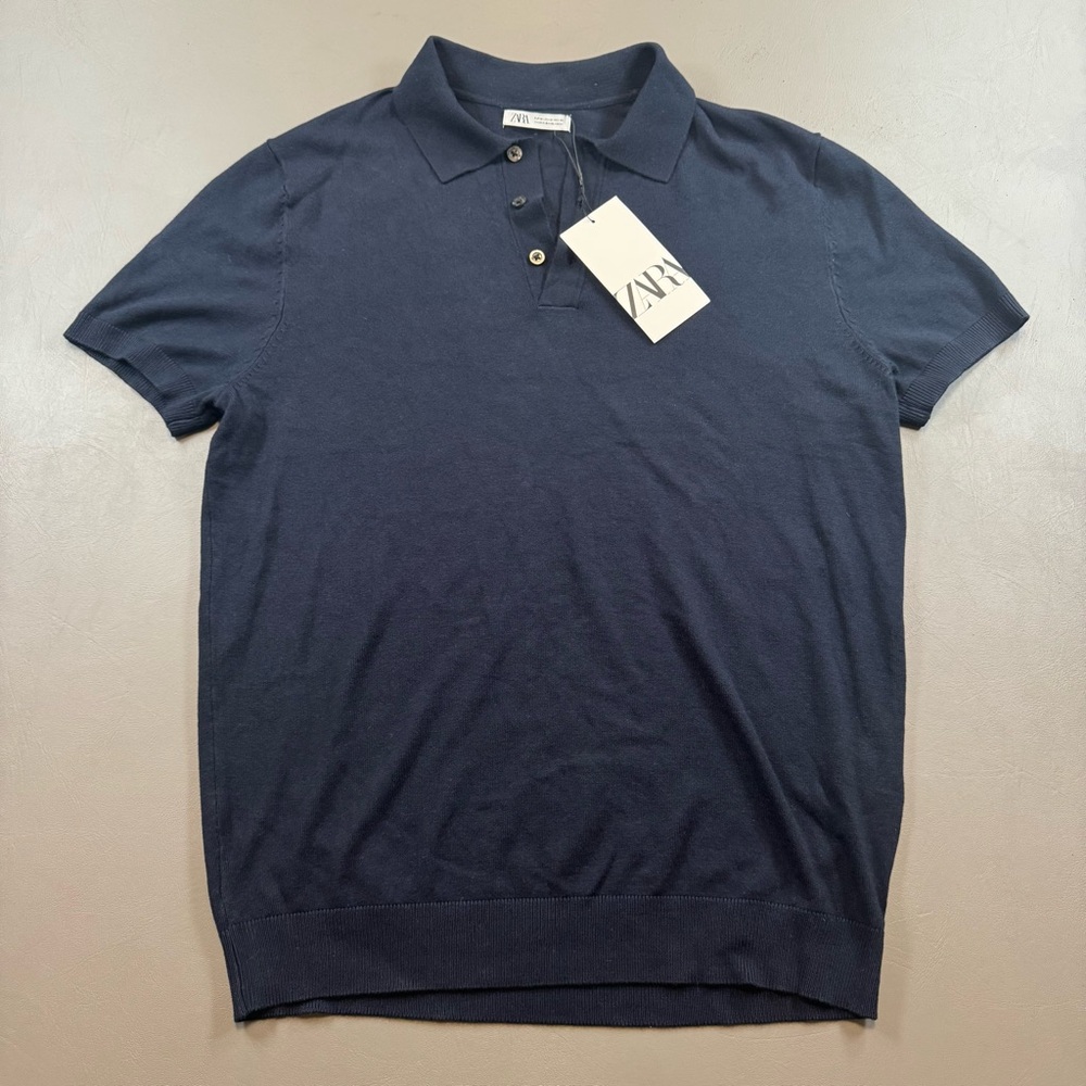 Zara Men’s Navy Knit Polo Shirt NWT Size Medium